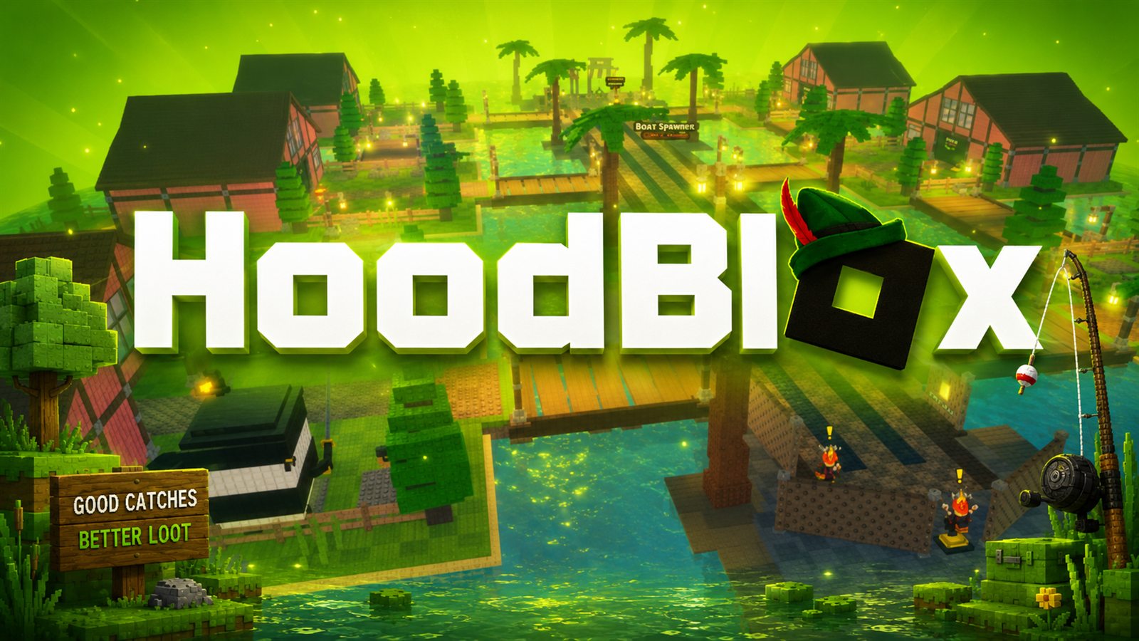HoodBlox key art — a voxel fishing village on green water, the Roblox block wearing a Robin Hood hat